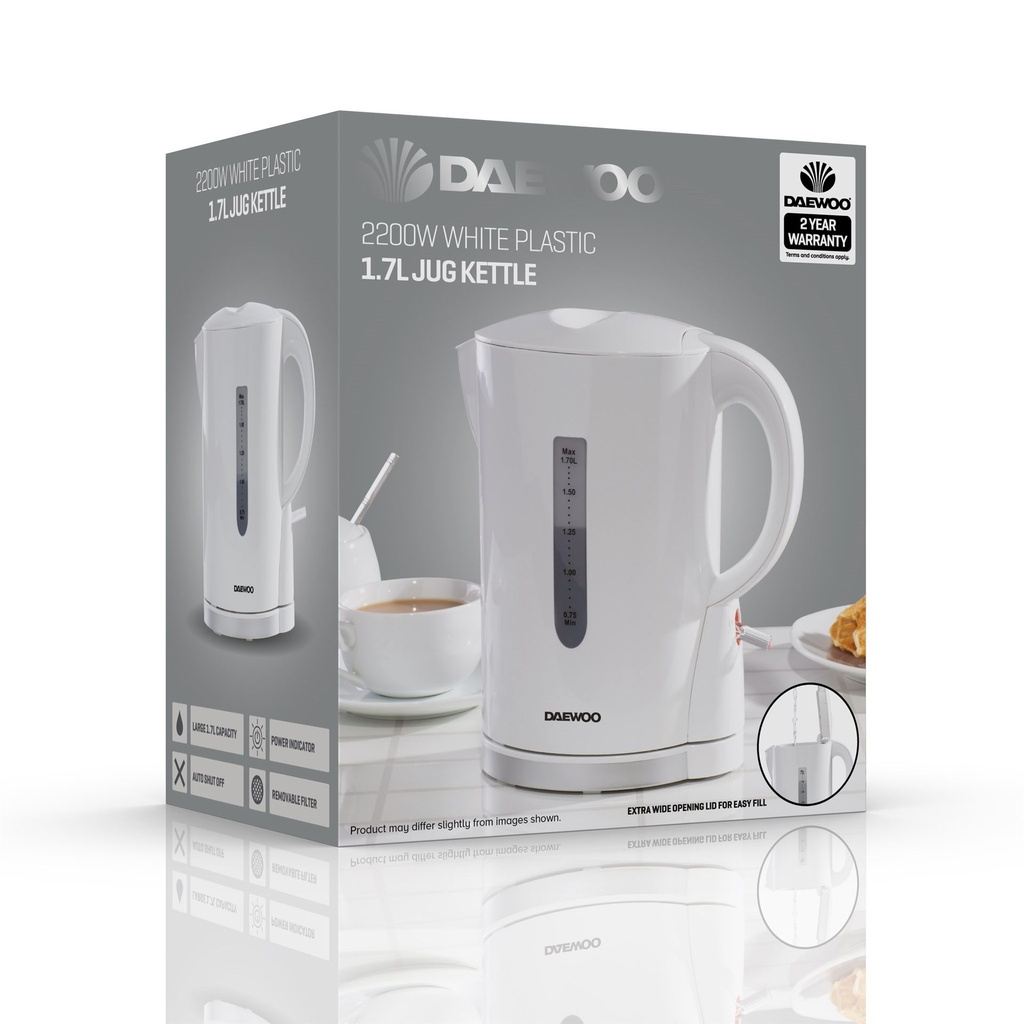 Daewoo x1.7L 2200W White Plastic Kettle with Chrome Bandx