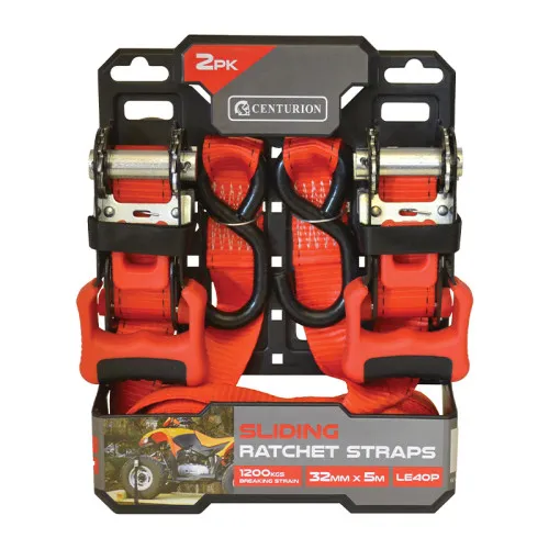 Centurion Sliding Ratchet Tie Down - 1200kg Breaking Strength - 5m - Retail Twin Pack