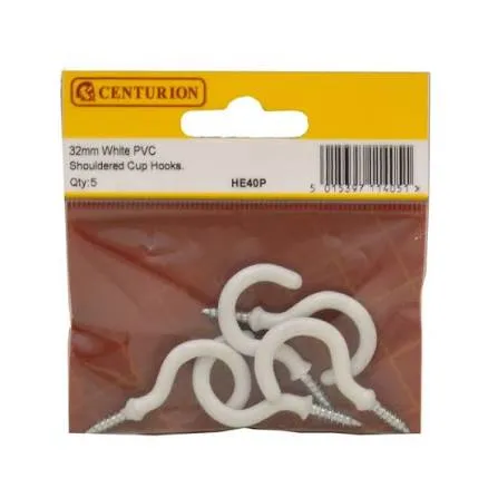 32mm White Pvc Shouldered Cup Hooks (pack Of 5)