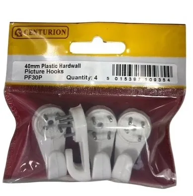 Centurion 40mm Plastic Hard Wall Picture Hooks (4 Pack)
