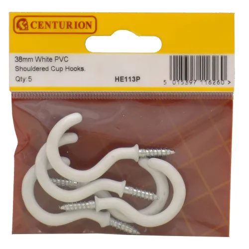 Centurion 38mm White PVC Shouldered Cup Hook (Pack of 5)