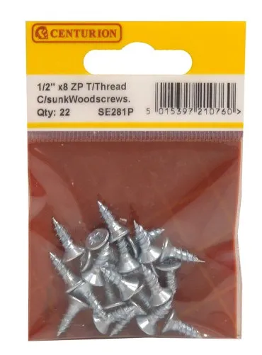 [SE281P] Centurion 1/2" x 8 ZP Cross Recessed Hardened Twin Thread Woodscrews with Countersunk Head (Pack of 22)
