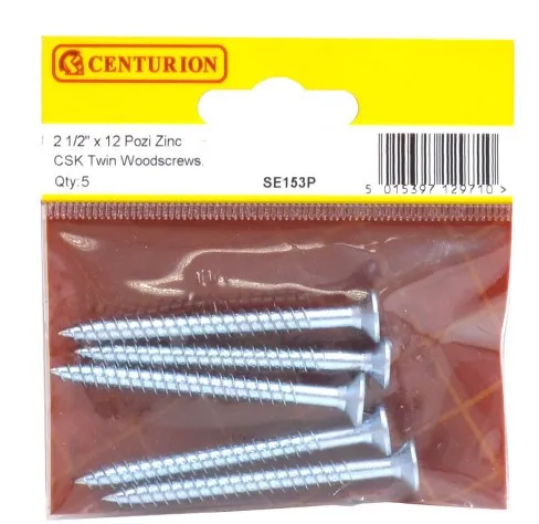 [SE153P] Centurion 2 1/2" x 12 ZP Cross Recessed Hardened Twin Thread Woodscrews with Countersunk Head (Pack of 5)