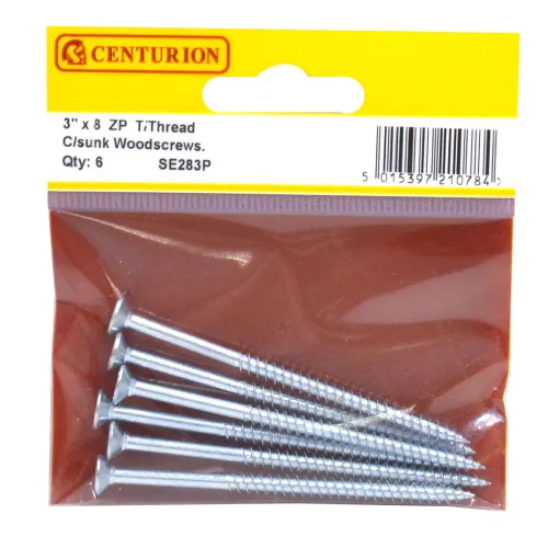 [SE283P] Centurion 3" x 8 ZP Cross Recessed Hardened Twin Thread Woodscrews with Countersunk Head (Pack of 6)
