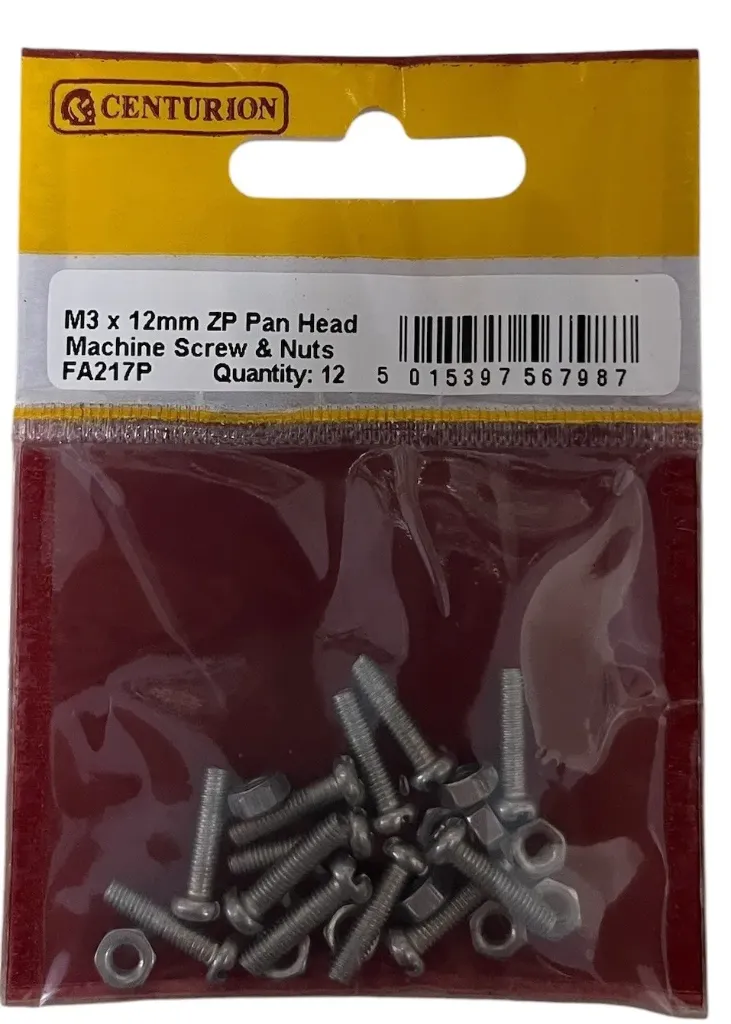 [FA217P] Centurion M3 x 12mm Zinc Pan Head Machine Screws & Nuts (Pack of 12)