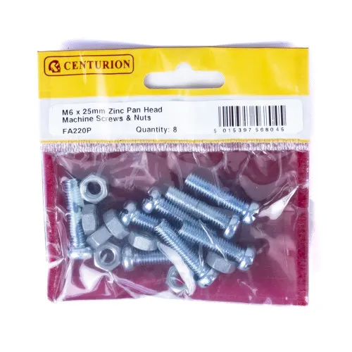 [FA220P] Centurion M6 x 25mm Zinc Pan Head Machine Screws & Nuts (Pack of 8)