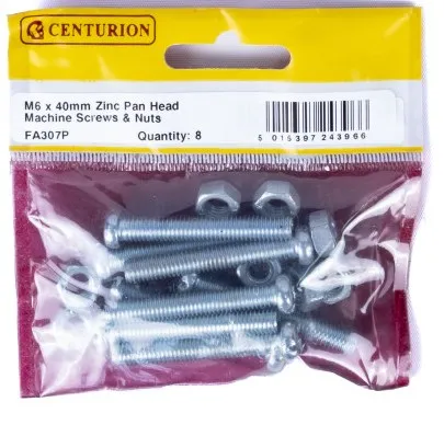 [FA307P] Centurion M6 x 40mm Zinc Pan Head Machine Screws & Nuts  (Pack of 8)